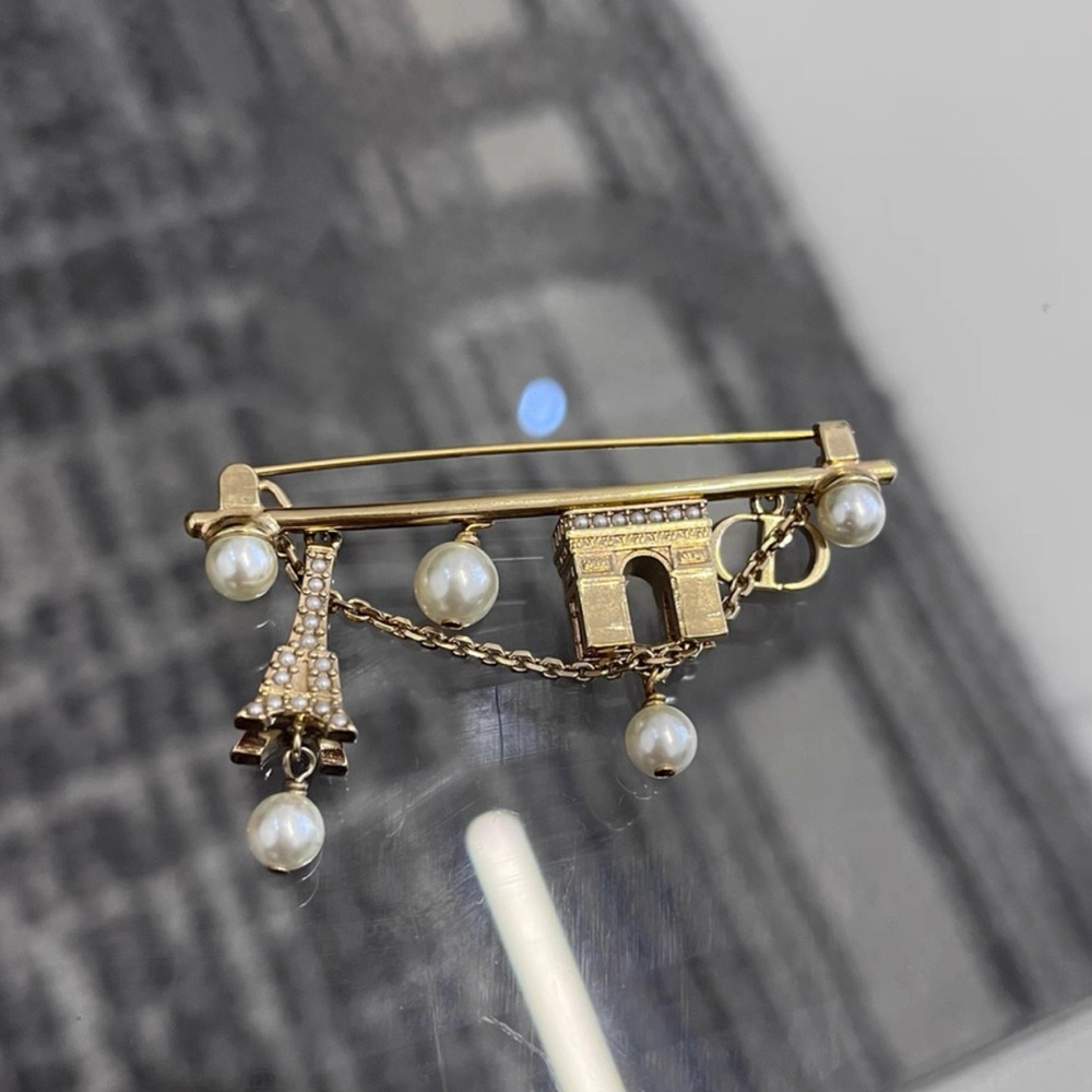 Dior Gold Brooch with Pearls and Paris Motifs